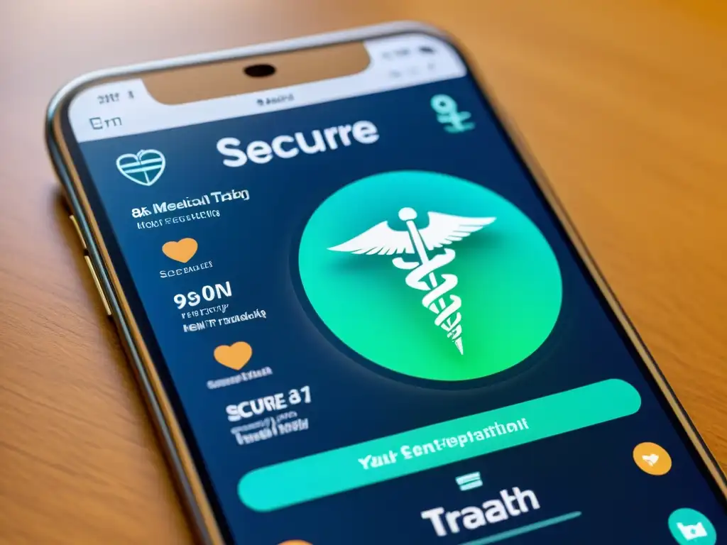 Interfaz moderna de app médica con diseño innovador y énfasis en Propiedad intelectual en aplicaciones de salud