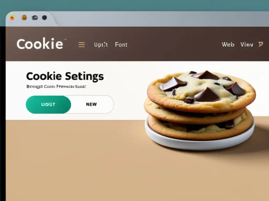 Interfaz moderna de navegador web con aviso de cookies detallado, transmitiendo privacidad y control sobre rastreadores web