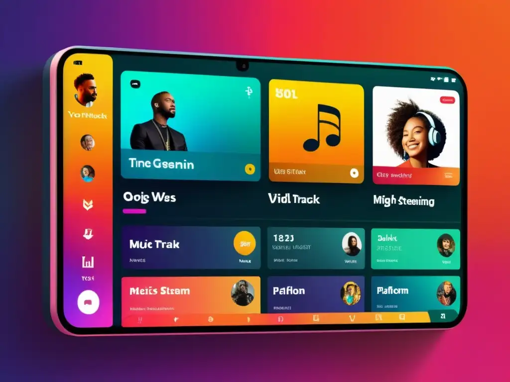 Interfaz moderna de plataforma de música con tracks, perfiles de artistas y símbolos de derechos de autor, en vibrante diseño profesional