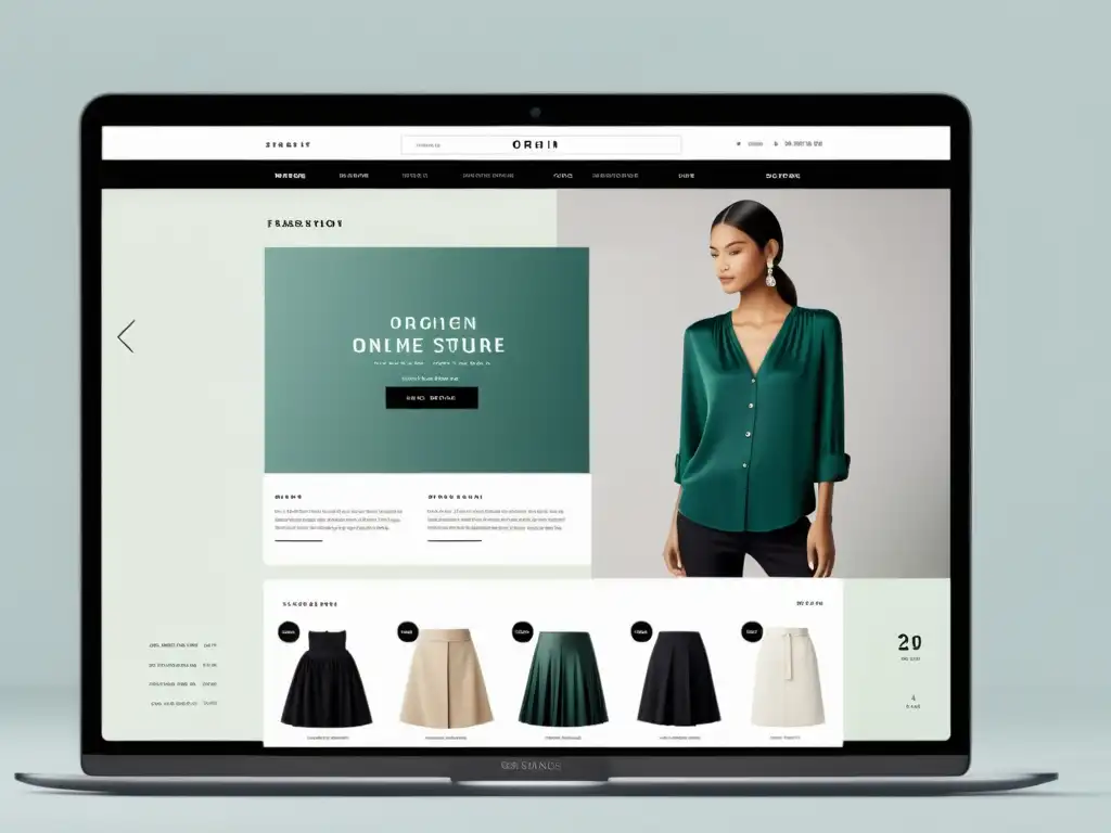 Interfaz moderna de tienda de moda online con énfasis en normativas etiquetas moda online, diseño minimalista y detalles claros
