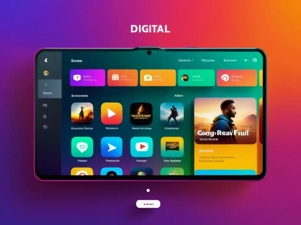 Interfaz de plataforma digital con diseño minimalista y colores vibrantes, secciones para películas, música y contenido original, navegación intuitiva