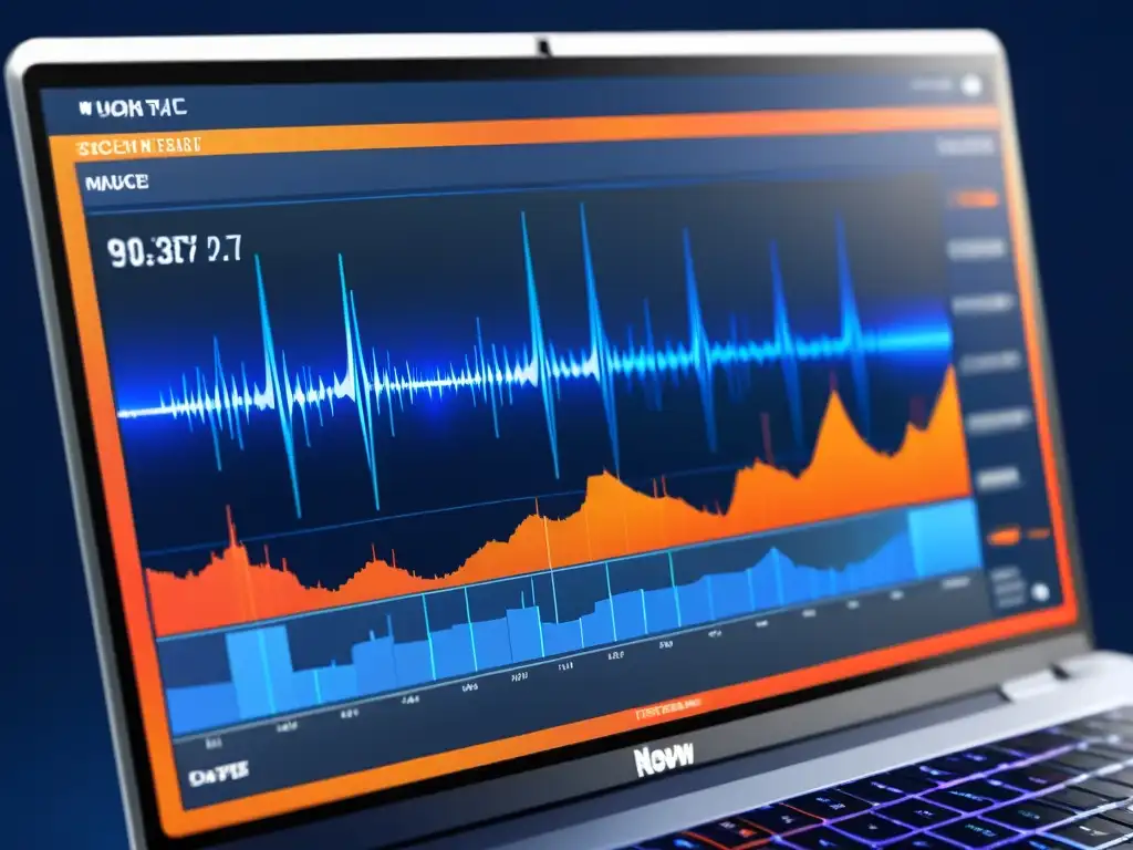 Interfaz sofisticada de monitoreo de uso de música en internet, con ondas y gráficos en azul y naranja vibrante