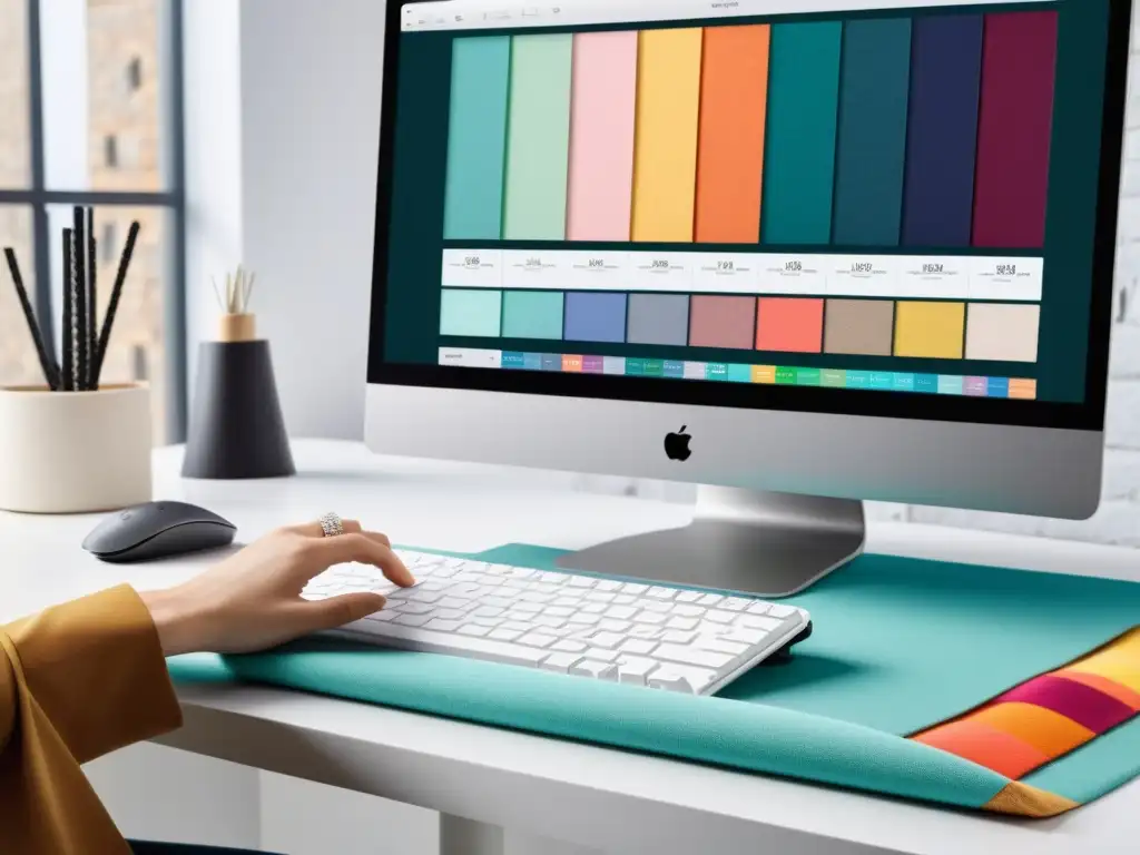 Interfaz de software de diseño de patrones digitales mostrando texturas de tela, paletas de colores y herramientas precisas