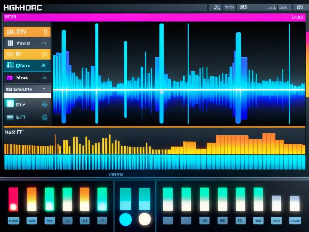 Interfaz de software de producción musical futurista con ondas de audio, controles de mezcla avanzados y biblioteca de instrumentos virtuales