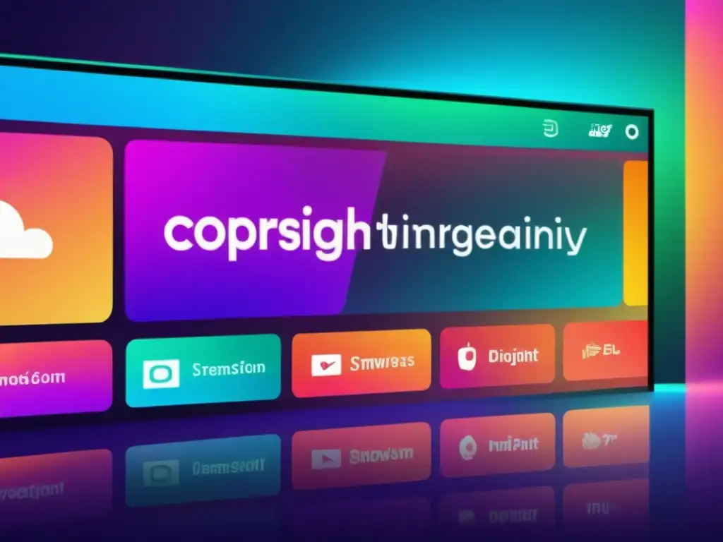 Interfaz de streaming digital con contenido variado y protección de derechos de autor en colores vibrantes y dinámicos