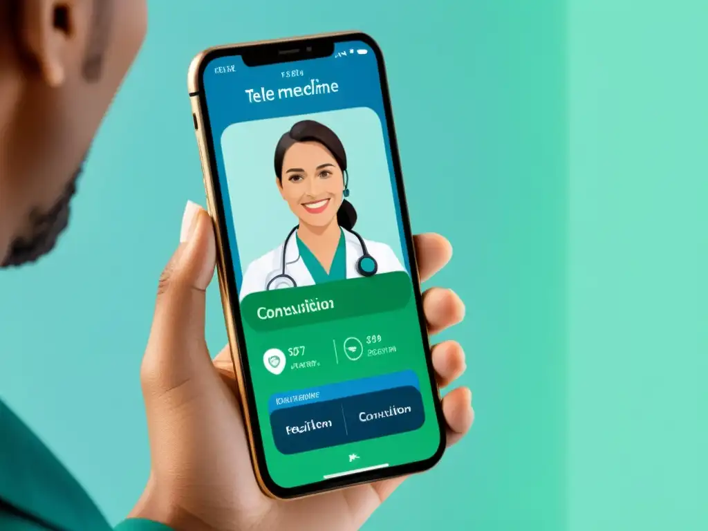 Interfaz de la aplicación de telemedicina en smartphone, con colores calmantes y diseño moderno