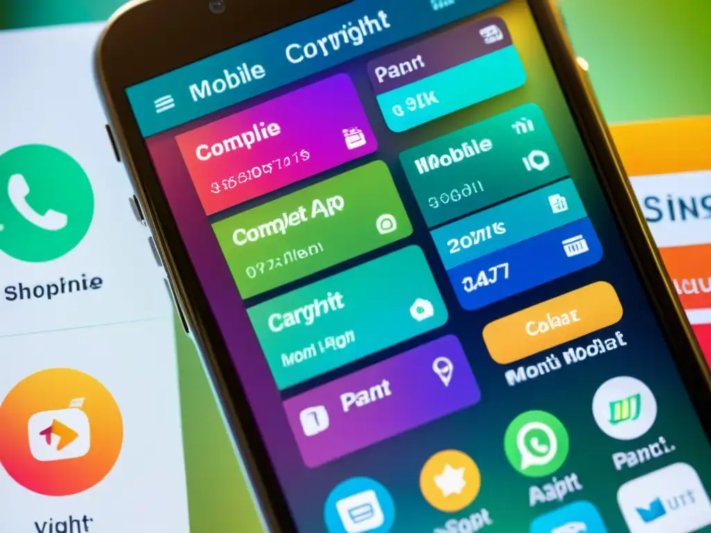 Interfaz vibrante de app móvil con diseño moderno que explora derechos de autor en aplicaciones móviles