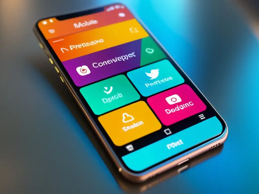 Interfaz vibrante de app móvil con diseño innovador y elementos de branding, destacando la protección de propiedad intelectual en aplicaciones móviles