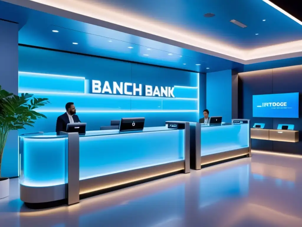 Interior futurista de banco digital con innovaciones fintech, protección de patentes y ambiente minimalista en tonos azules