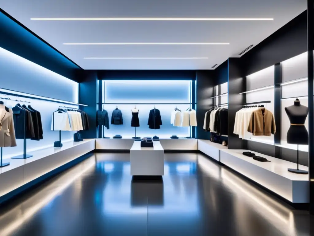 Interior lujoso de tienda de moda moderna con iluminación suave y elegante