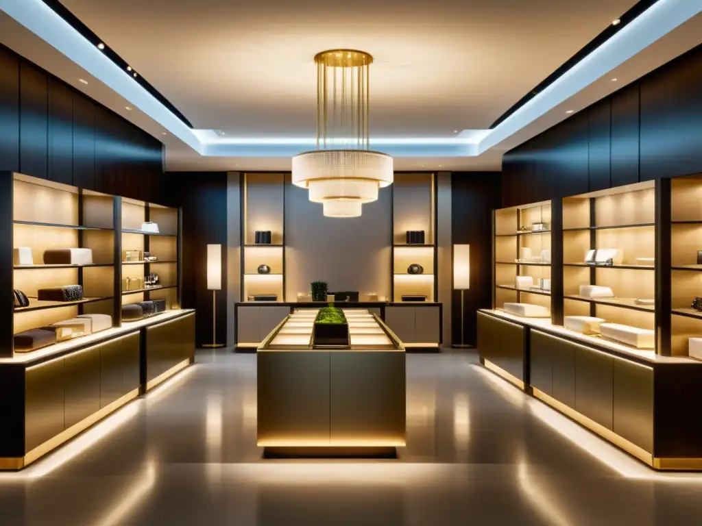 Interior de tienda de lujo: Exquisitos detalles y sofisticación Interior lujoso de tienda con iluminación cálida