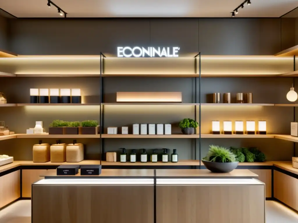 Interior moderno de tienda con productos sostenibles en estantes