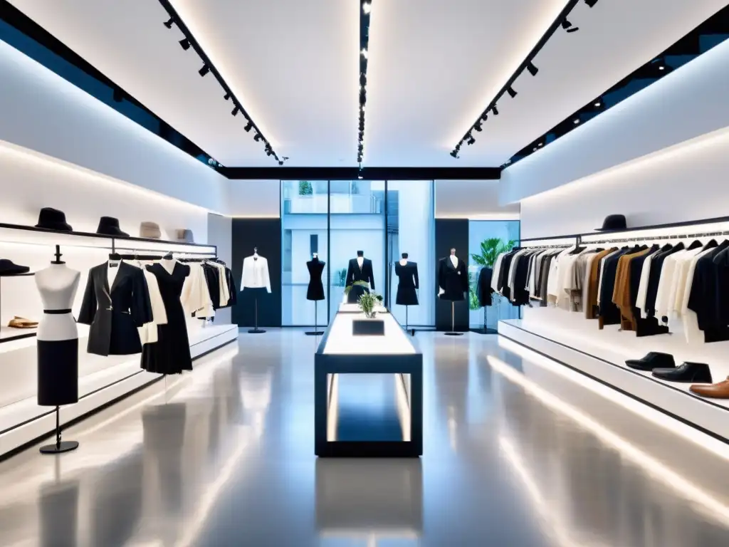 Interior de tienda de moda con diseño moderno y elegante, ropa de moda, maniquíes y una atmósfera profesional y acogedora