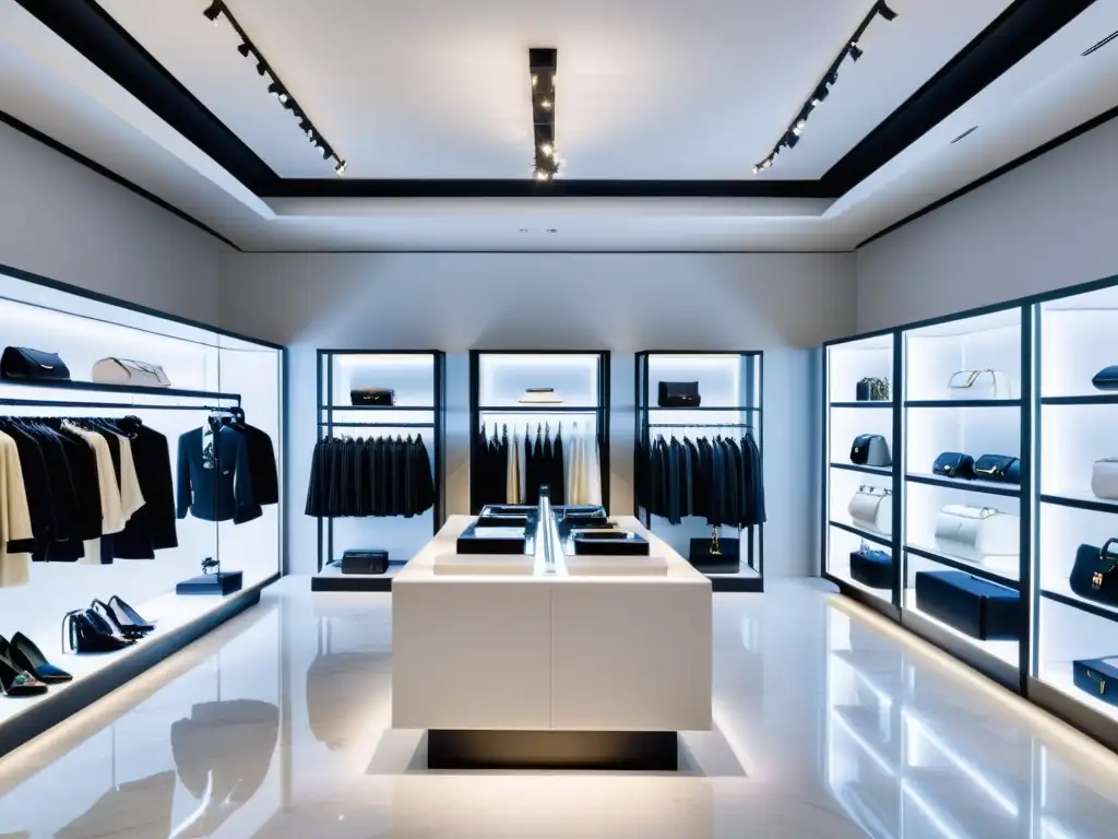 Interior de tienda de moda moderna y lujosa, con decoración minimalista y exclusiva, reflejando la exclusividad y defensa de marcas de lujo