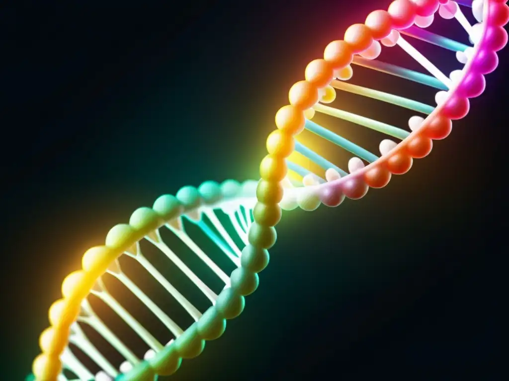 Una intrincada estructura de doble hélice de ADN con brillos vibrantes, sobre fondo oscuro