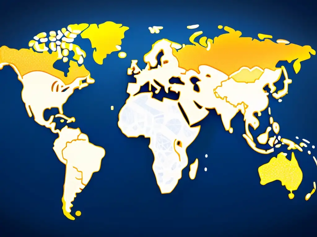 Intrincado mapa global de engranajes y circuitos, representa conflictos de propiedad intelectual internacionales