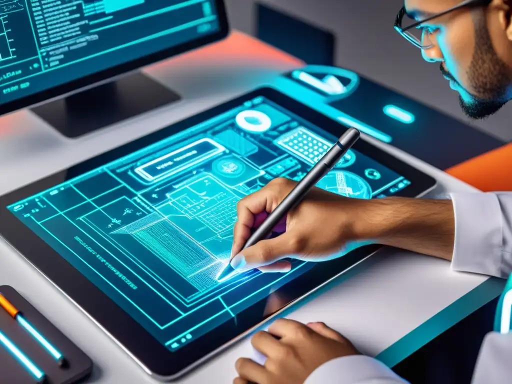 Un inventor dibuja un diseño de patente en una tableta digital rodeado de elementos clave patentes inventor en un ambiente futurista y vibrante