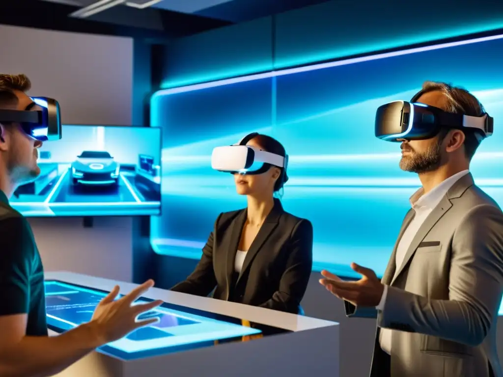 Inventores con auriculares de realidad virtual colaboran en diseño de tecnologías de realidad aumentada en laboratorio futurista