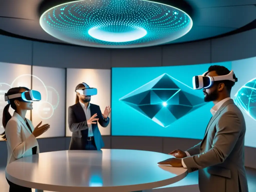 Inventores exploran hologramas de proyectos en laboratorio de realidad virtual aumentada, enfocados en protección de patentes