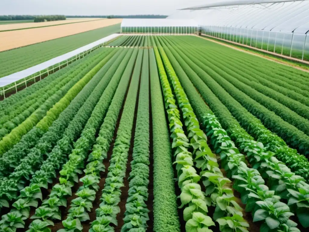 Un invernadero moderno con cultivos verdes, tecnología avanzada y técnicas innovadoras