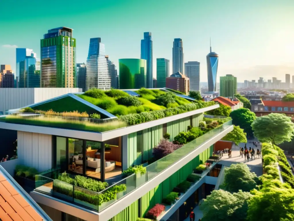 Inversiones en marcas verdes: Una ciudad moderna y sostenible con edificios ecológicos, gente caminando y ciclando entre vegetación vibrante