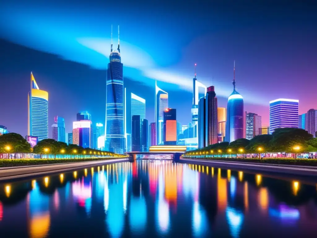 Inversiones en Propiedad Intelectual: Una ciudad futurista nocturna con rascacielos iluminados por luces de neón y vallas publicitarias holográficas que muestran conceptos y símbolos relacionados con la propiedad intelectual, reflejándose en el río