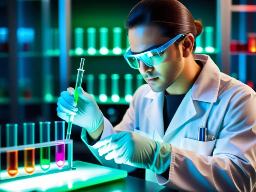 Un investigador farmacéutico en un laboratorio moderno pipeteando una solución vibrante