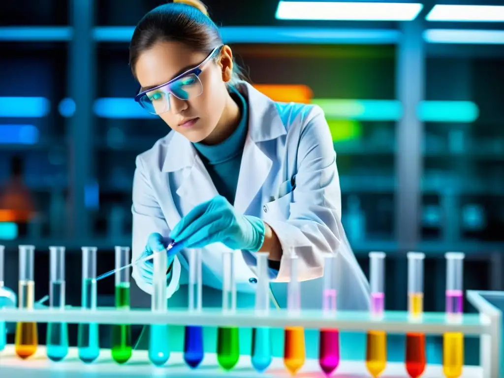 Un investigador de laboratorio en bata blanca pipetea un líquido colorido en un tubo de ensayo, en un entorno futurista