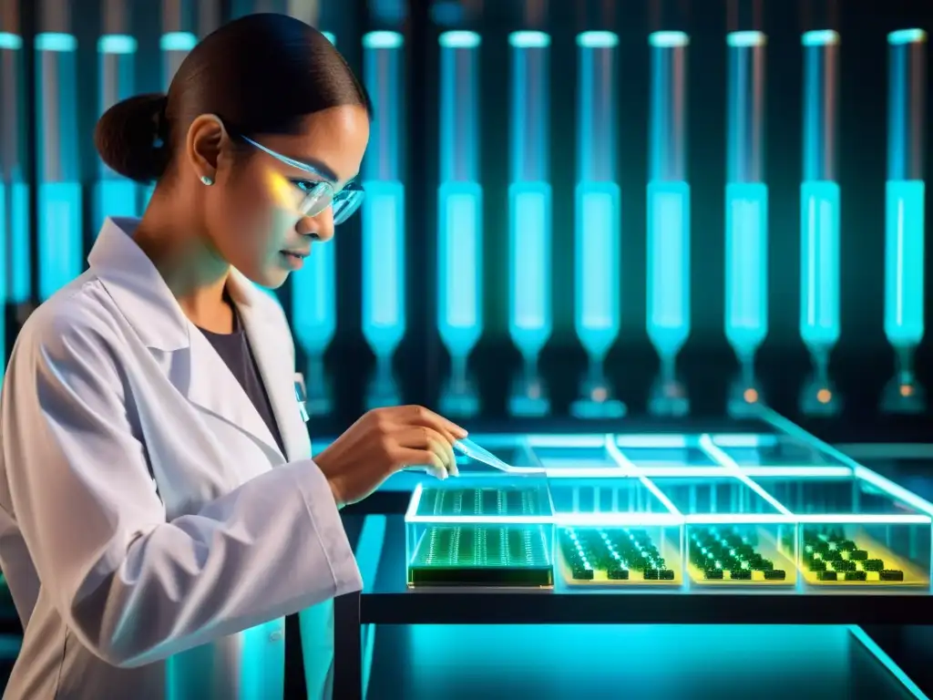 Un investigador en un laboratorio moderno manipula con cuidado un tubo de ensayo lleno de un líquido bioluminiscente, rodeado de equipos de alta tecnología y monitores que muestran complejas secuencias genéticas y análisis de datos
