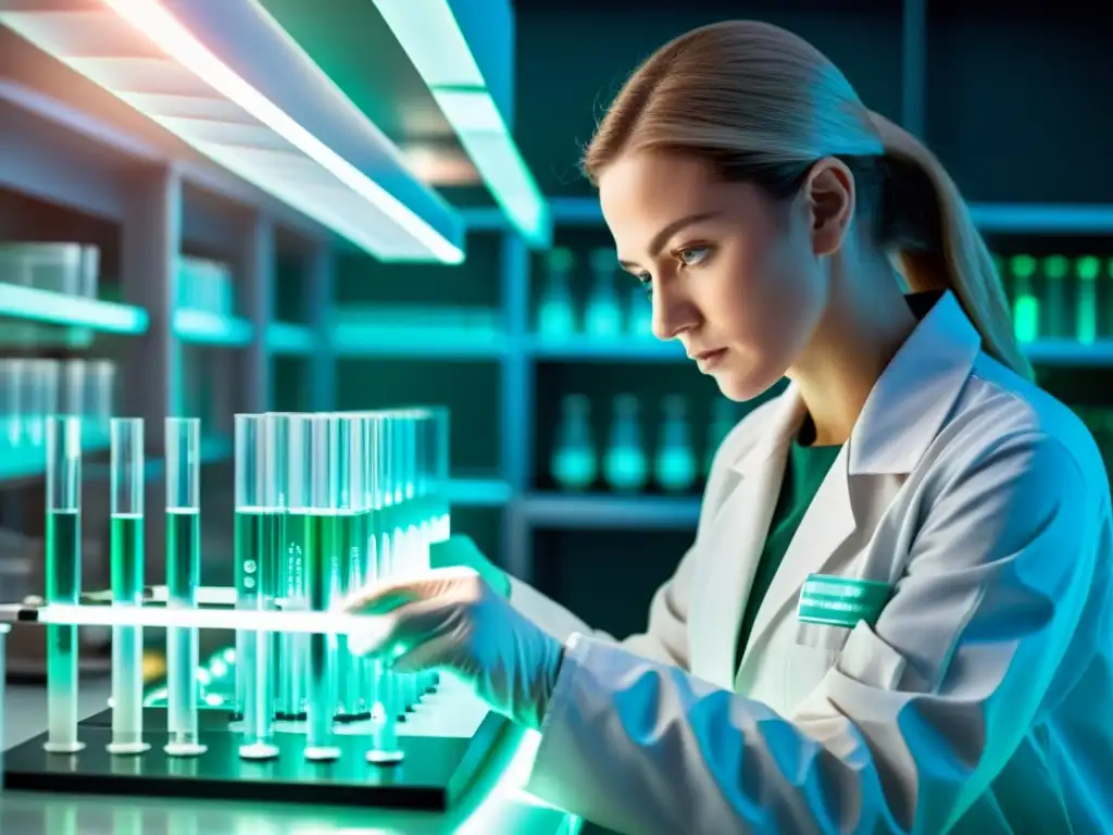 Investigador en laboratorio moderno pipeteando líquido fluorescente en tubo de ensayo, creando atmósfera de innovación en investigación farmacéutica