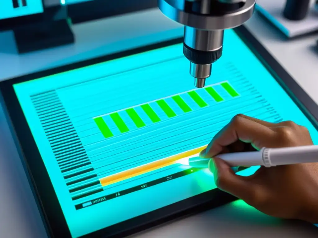 Un investigador analiza una secuencia de ADN bajo el microscopio, resaltando aspectos legales de patentes en diagnóstico de biotecnología