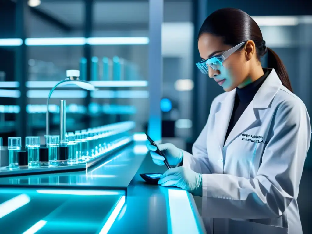 Investigadores en bata blanca realizan experimentos en un laboratorio farmacéutico moderno con tecnología de vanguardia