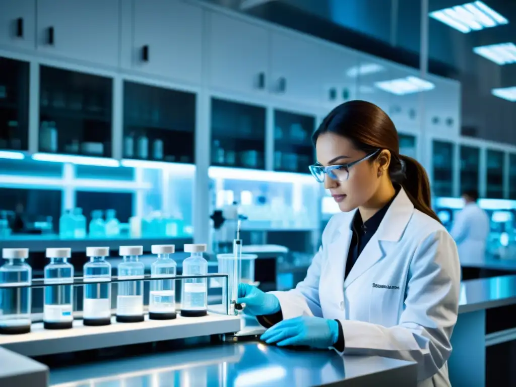 Investigadores en bata blanca realizan experimentos en un laboratorio farmacéutico, con equipos modernos