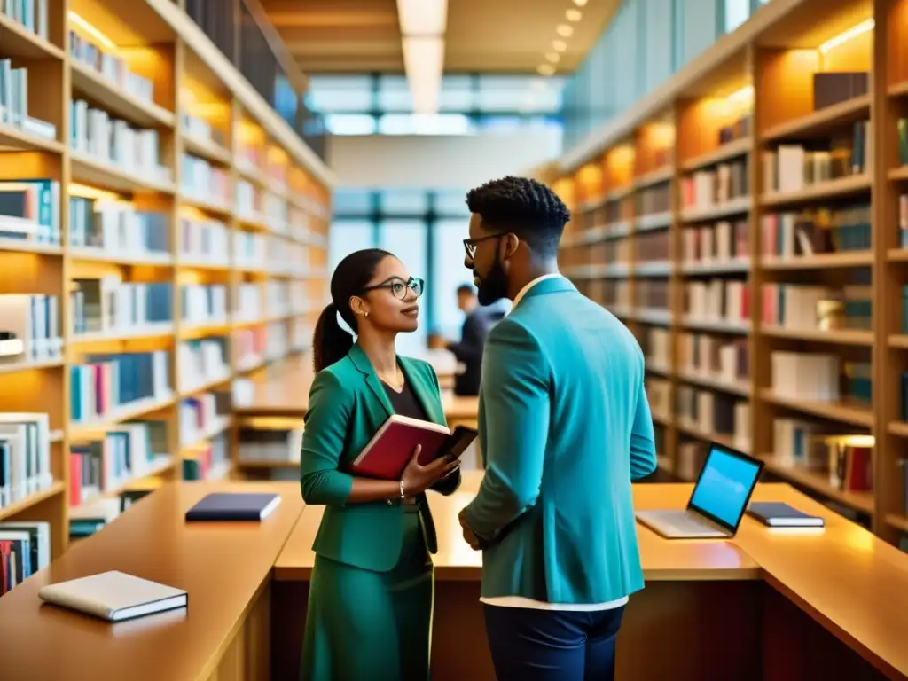 Diversos investigadores entusiastas discuten en una biblioteca universitaria contemporánea, simbolizando la publicación académica