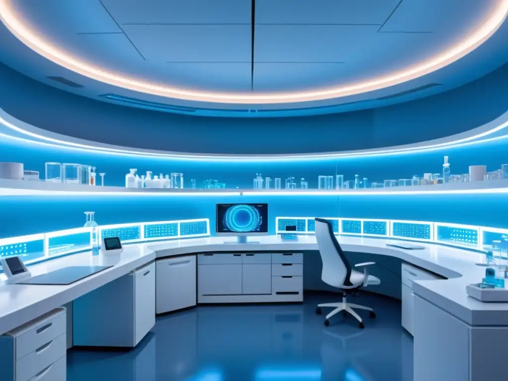 Investigadores en laboratorio farmacéutico futurista, con modernos equipos y pantallas brillantes, creando una atmósfera avanzada