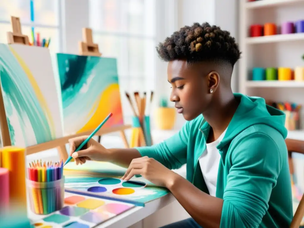 Una joven influencer crea arte en su estudio, rodeada de suministros coloridos