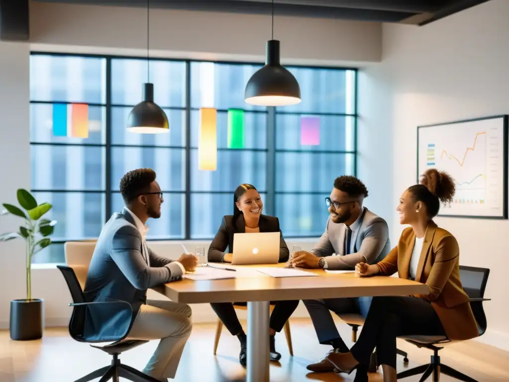 Jóvenes emprendedores diversificados discuten ideas y estrategias en una oficina moderna