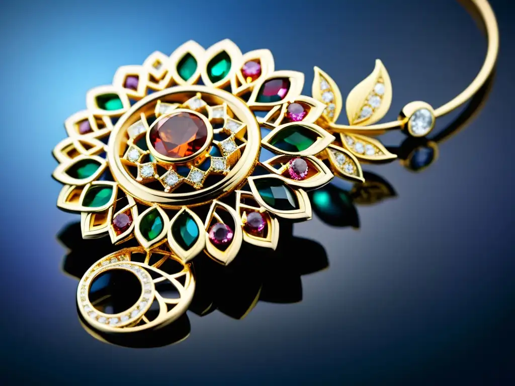 Una joya efímera deslumbrante con detalles intrincados y gemas vibrantes, evocando elegancia contemporánea y expresión artística