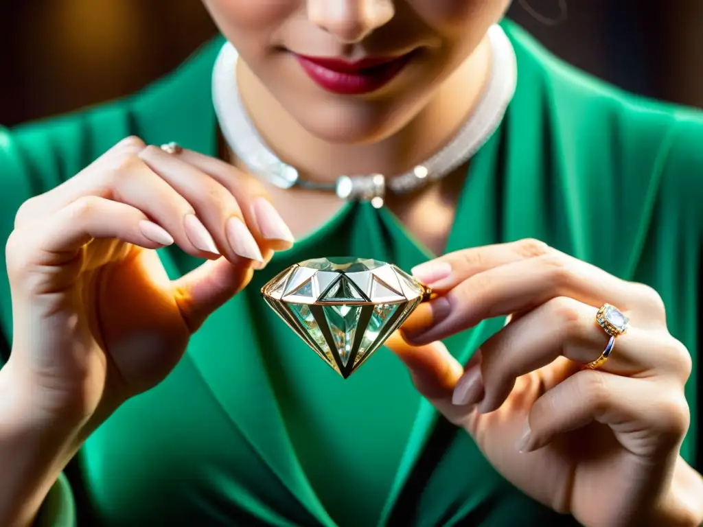 Un joyero examina con cuidado un elegante collar de diamantes, destacando la protección de propiedad intelectual en joyería