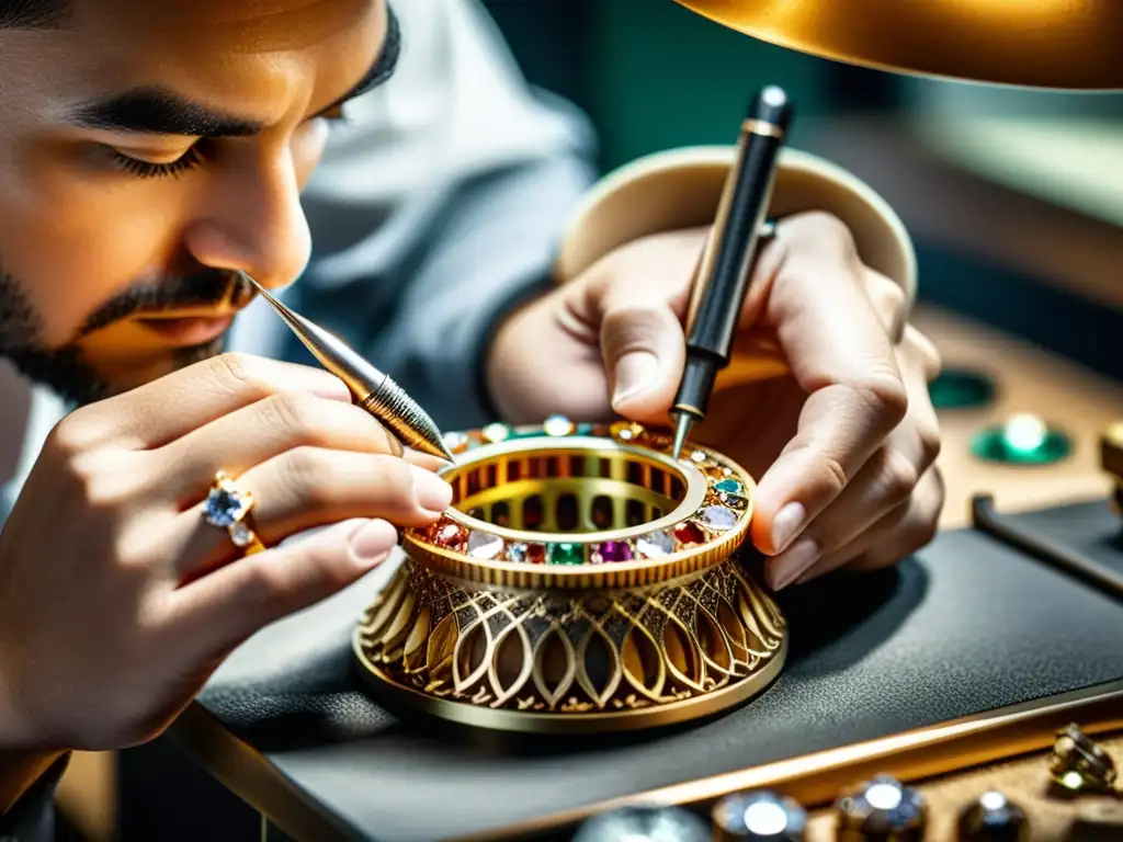 Un joyero experto crea una pieza de joyería única, enfrentando negaciones en patentes de diseño de joyas con destreza y precisión