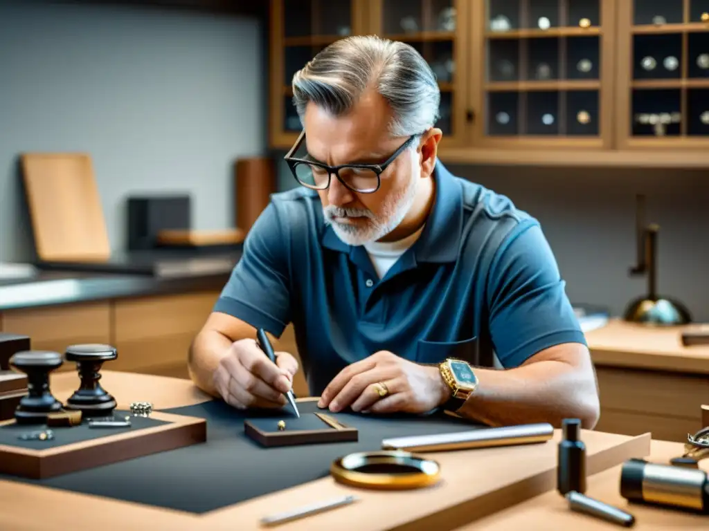 Joyero enfrentando negaciones en patentes de diseño de joyas, con determinación y precisión en su taller moderno y profesional