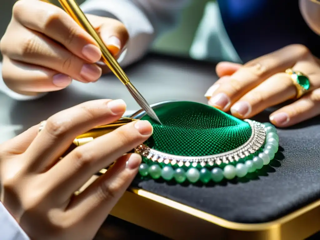 Un joyero aplica con precisión una capa protectora a una deslumbrante joya, reflejando el cuidado en el registro patente diseño joyas