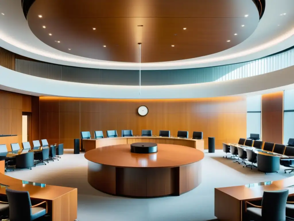 Juez y abogados en sala de tribunal moderna, discutiendo en un caso de notoriedad de marca en litigio