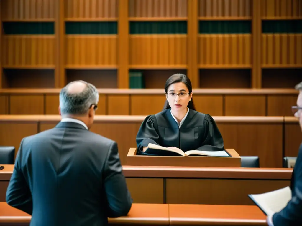 Un juez preside una acalorada discusión entre abogados en una sala de tribunal, con estanterías repletas de libros legales al fondo