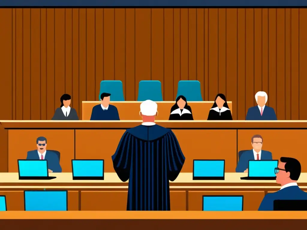 Un juez preside un caso de infracción de copyright de memes en un tribunal moderno y elegante