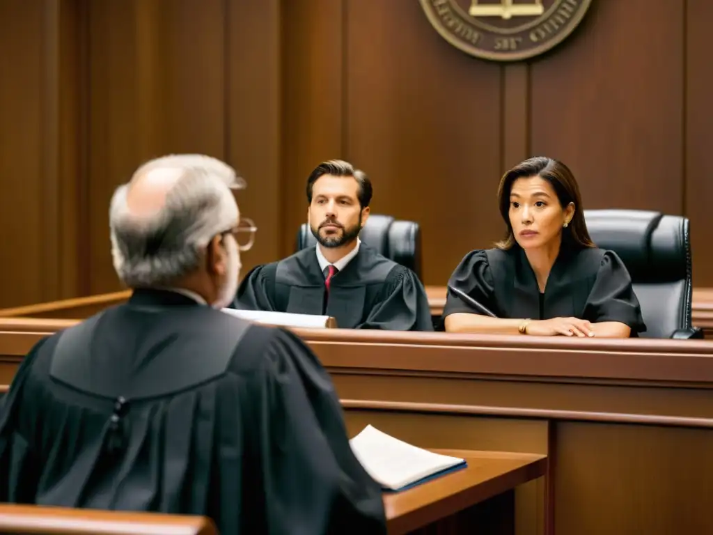 Un juez preside un caso de infracción de derechos de autor en el cine, con abogados, demandantes y demandados discutiendo intensamente
