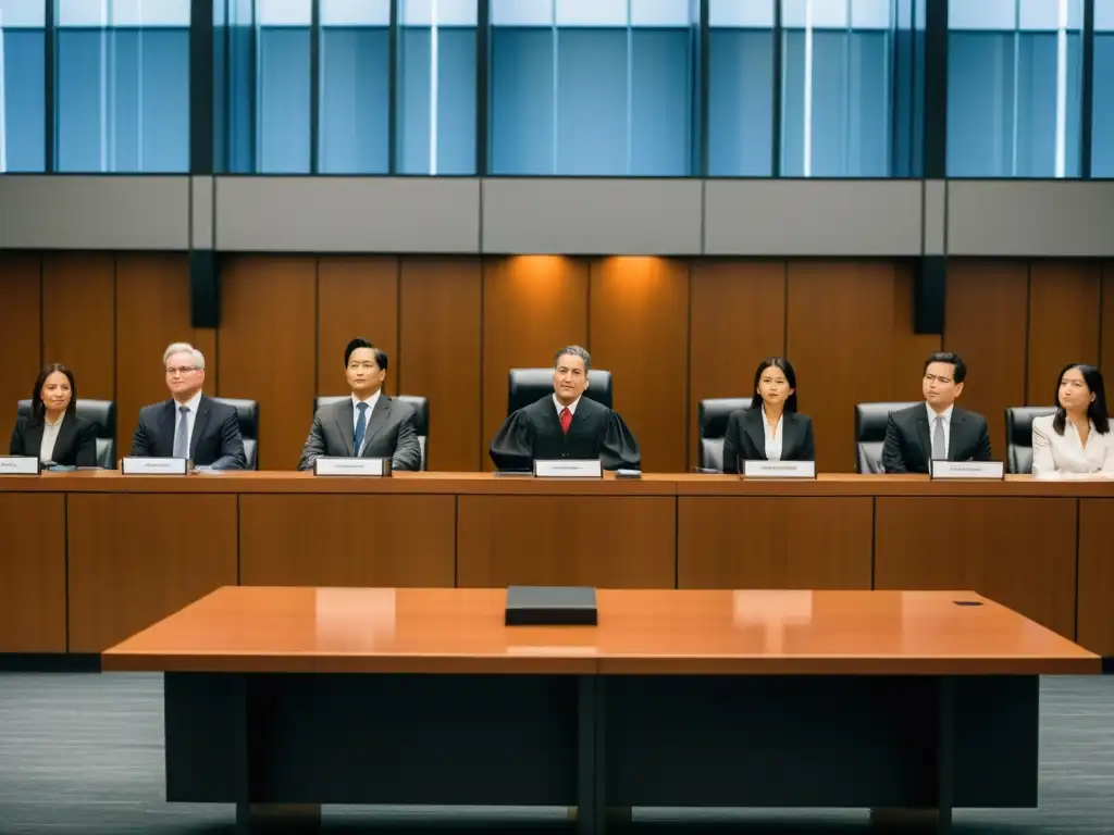 Juez presidiendo un caso de derechos de autor y ética de la IA en una sala moderna, con abogados y jurado atentos