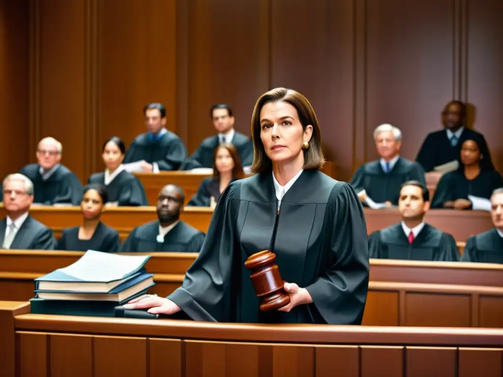 Juez preside un caso de infracción de derechos de autor en Bellas Artes en una sala de tribunal llena de abogados y observadores