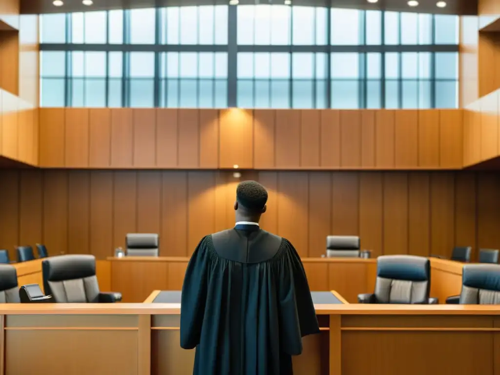 Juez preside un caso de protección legal de memes en una moderna sala de tribunal con abogados presentando argumentos