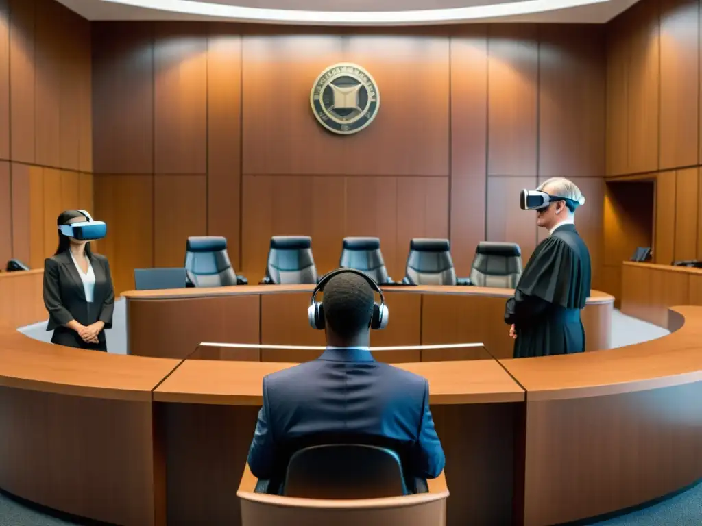 Un juez preside un caso sobre tecnología de realidad virtual en una sala de audiencias moderna, con abogados y tecnología futurista en el fondo